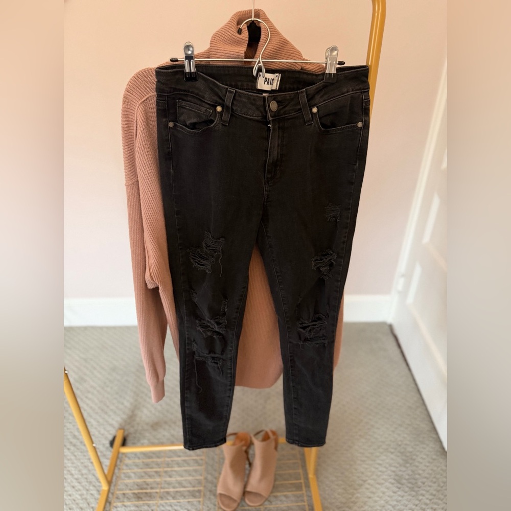 PAIGE Black Distressed Skinny Jeans Size 30 High Rise Stretch Denim Quiet Luxury